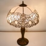 Tiffany Style Table Lamp Stained Glass White Crystal Shade Metal Base 24"Tall Antique Large Luxurious Bedside Desk Reading Light Fleur De Lis Living Memory Lamps Sympathy Living Room Bedroom Bar Banker Library