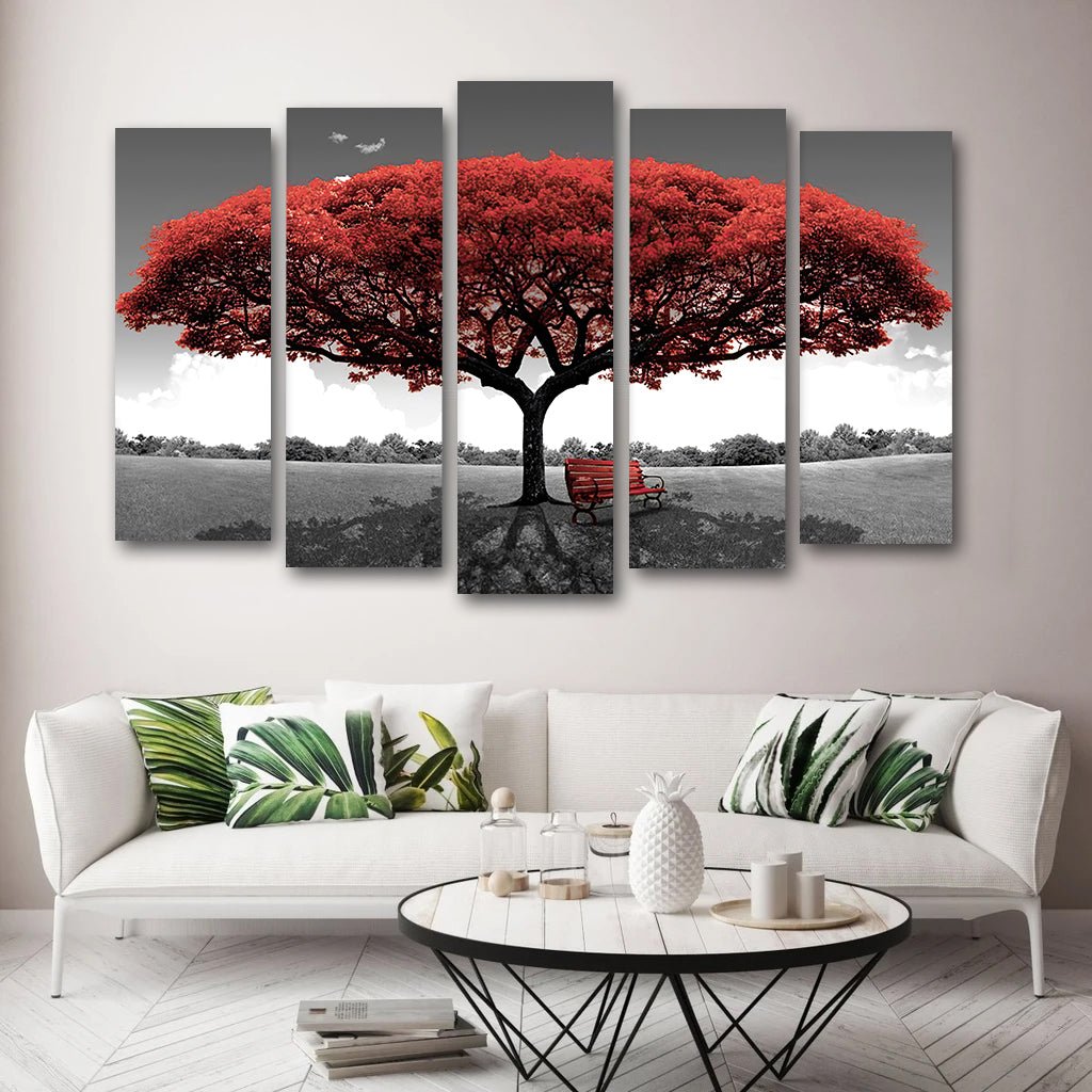 Tablou canvas copac 5 piese gri si rosu RED TREE