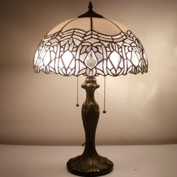 Tiffany Style Table Lamp Stained Glass White Crystal Shade Metal Base 24"Tall Antique Large Luxurious Bedside Desk Reading Light Fleur De Lis Living Memory Lamps Sympathy Living Room Bedroom Bar Banker Library
