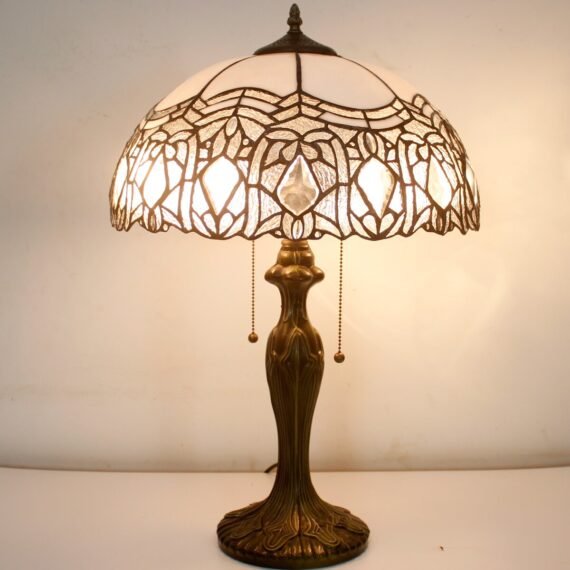 Tiffany Style Table Lamp Stained Glass White Crystal Shade Metal Base 24"Tall Antique Large Luxurious Bedside Desk Reading Light Fleur De Lis Living Memory Lamps Sympathy Living Room Bedroom Bar Banker Library
