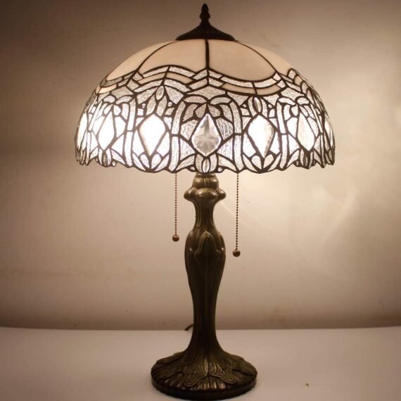 Tiffany Style Table Lamp Stained Glass White Crystal Shade Metal Base 24"Tall Antique Large Luxurious Bedside Desk Reading Light Fleur De Lis Living Memory Lamps Sympathy Living Room Bedroom Bar Banker Library
