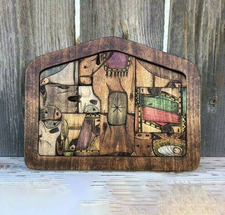 Nativity Puzzle With Wood Burned Design