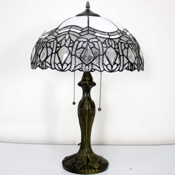 Tiffany Style Table Lamp Stained Glass White Crystal Shade Metal Base 24"Tall Antique Large Luxurious Bedside Desk Reading Light Fleur De Lis Living Memory Lamps Sympathy Living Room Bedroom Bar Banker Library