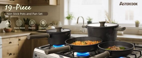 Astercook 19 Pcs Pots and Pans Set Non Stick. Black Titanium Induction Kitchen Cookware Sets. Non toxic Healthy Non Stick Kitchen Cooking Set with Frying Pans Set. PFAS PTFE PFOA PFOS Free