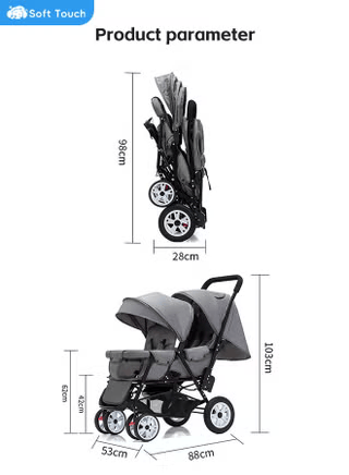 Baby Double Stroller Foldable Lightweight Twins Stroller with Tandem Seating with Adjustable Backrest and Footrest for Toddler