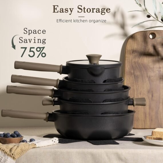 Astercook 19 Pcs Pots and Pans Set Non Stick. Black Titanium Induction Kitchen Cookware Sets. Non toxic Healthy Non Stick Kitchen Cooking Set with Frying Pans Set. PFAS PTFE PFOA PFOS Free