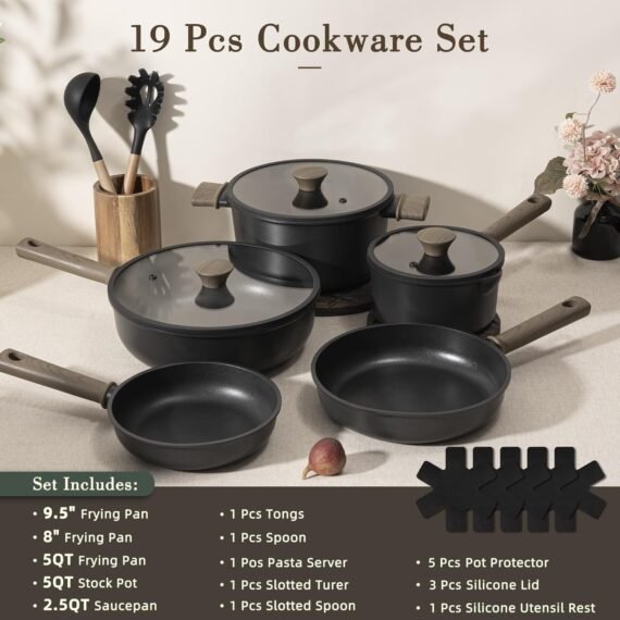 Astercook 19 Pcs Pots and Pans Set Non Stick. Black Titanium Induction Kitchen Cookware Sets. Non toxic Healthy Non Stick Kitchen Cooking Set with Frying Pans Set. PFAS PTFE PFOA PFOS Free