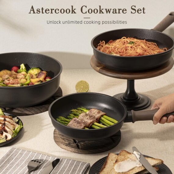 Astercook 19 Pcs Pots and Pans Set Non Stick. Black Titanium Induction Kitchen Cookware Sets. Non toxic Healthy Non Stick Kitchen Cooking Set with Frying Pans Set. PFAS PTFE PFOA PFOS Free
