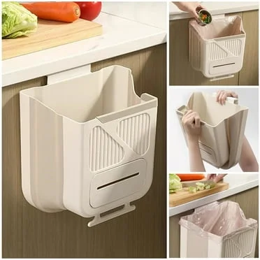 Hanging Kitchen Trash Can. Dingrich 3 Gallon Collapsible Waste Bin. Small Plastic Folding Hang Garbage Can for Cabinet Bedroom Bathroom Kitchen Office Car. Beige