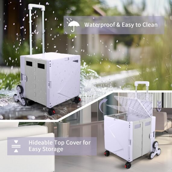 ⚡Clearance Price RM22.20​🎁FELICON Folding Climber Utility Cart Rolling Crate Tote on Rotate Wheels with Adjustable Handle Hidden Lid Cup Holder Storage Toolbox for Teacher Office File Move Shop Travel Laundry Grocery