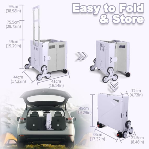 ⚡Clearance Price RM22.20​🎁FELICON Folding Climber Utility Cart Rolling Crate Tote on Rotate Wheels with Adjustable Handle Hidden Lid Cup Holder Storage Toolbox for Teacher Office File Move Shop Travel Laundry Grocery